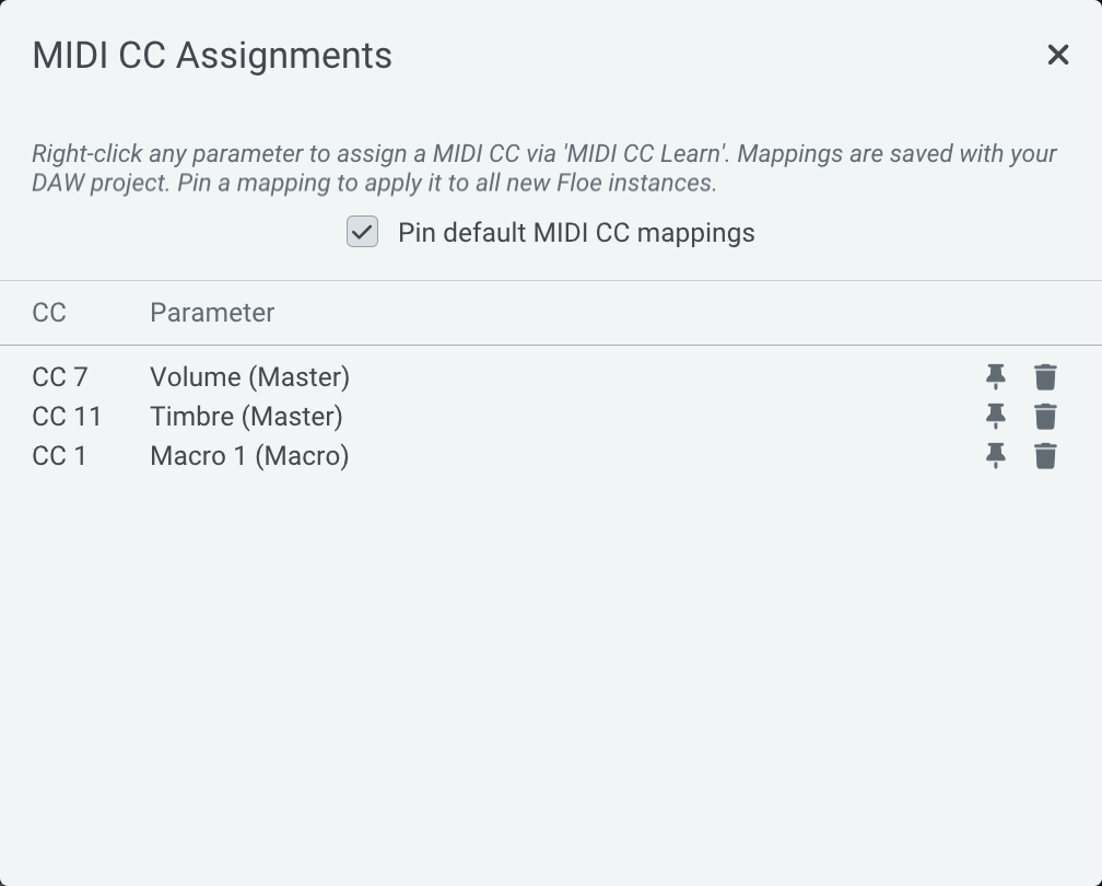 MIDI CC Assignments panel