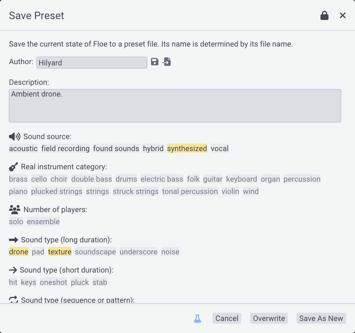 Floe's Save Preset panel